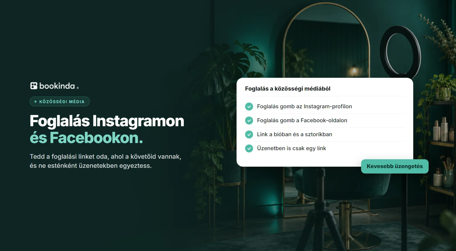 Fotózásra berendezett szalonsarok körlámpával, előtte a teendők: Foglalás gomb az Instagram- és a Facebook-profilon, link a bióban.