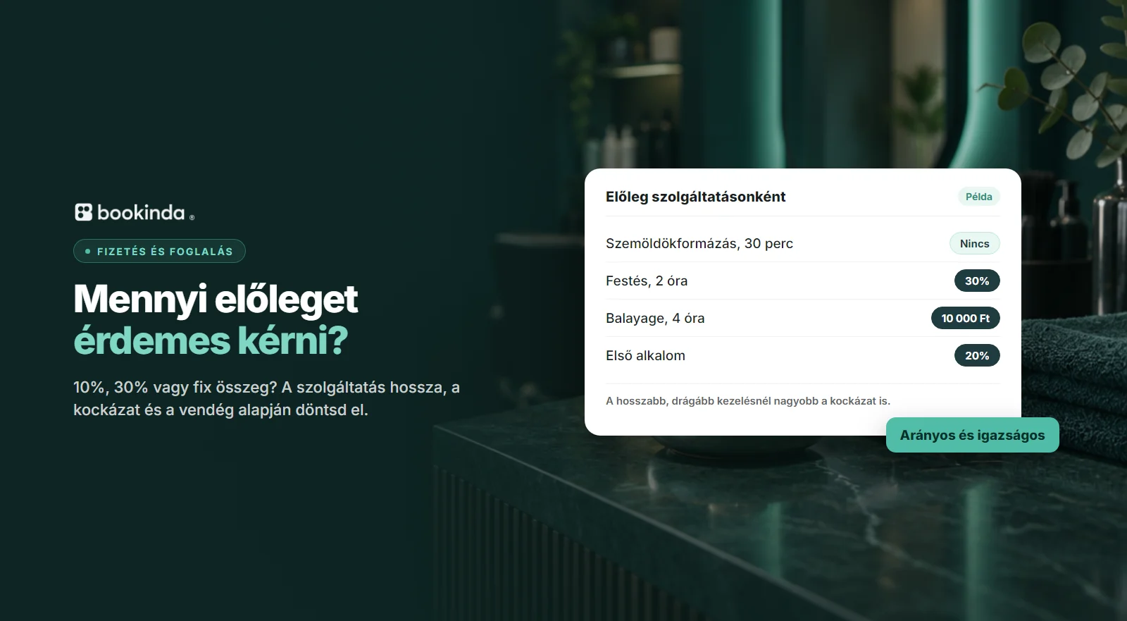 Érmék és kártyaterminál egy szalon pultján, előtte példák: rövid kezelésnél nincs előleg, hosszabbnál százalékos vagy fix összeg.