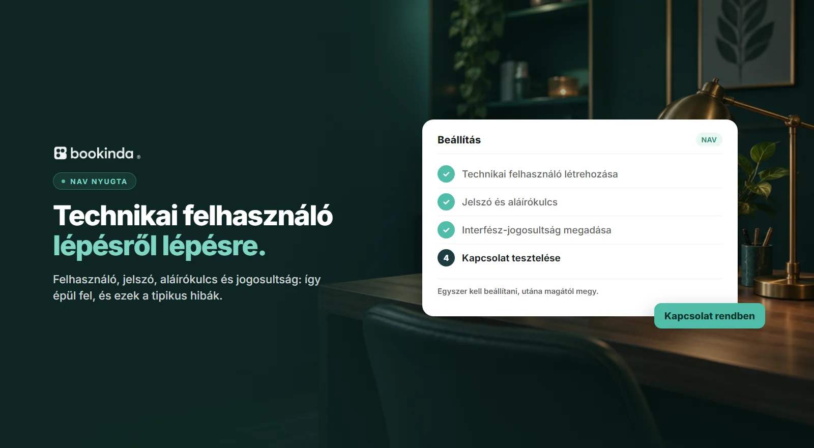 Szalon irodája esti fényben, előtte a NAV technikai felhasználó beállításának négy lépése.