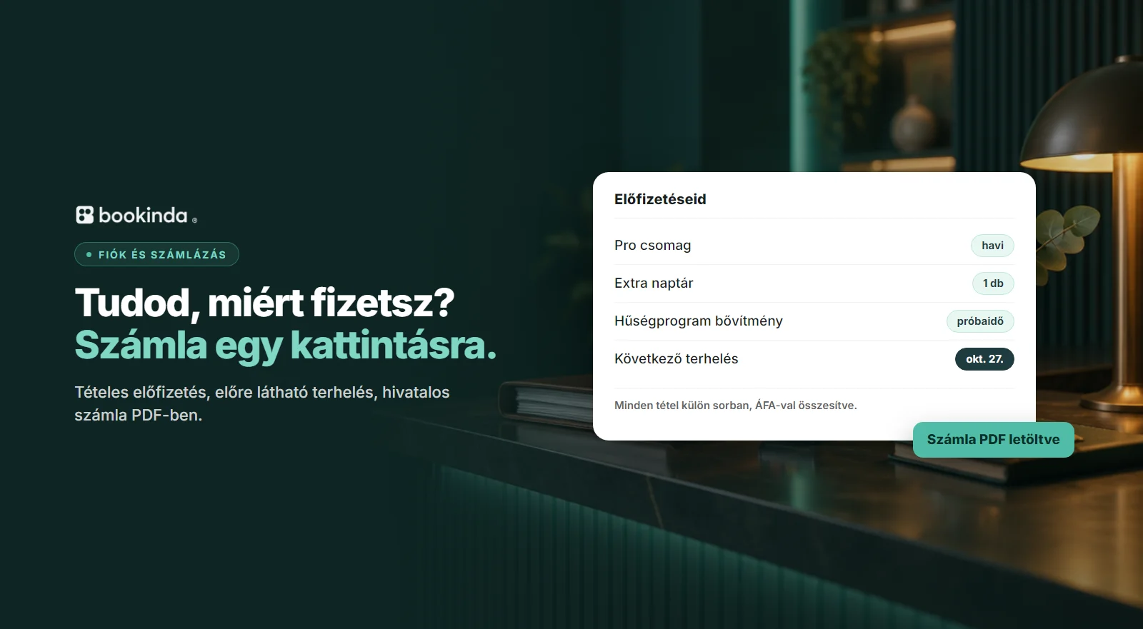 Egy szalon előfizetése tételesen: csomag, extra naptár, bővítmény és a következő terhelés, mellette a letöltött számla jelzése.