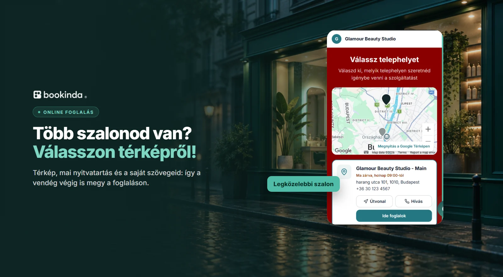 Telefonos online foglalóoldal, ahol a vendég térképen választja ki a hozzá legközelebbi szalont.