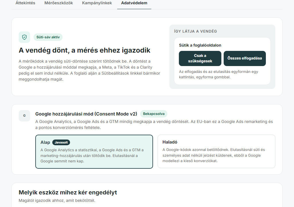 Az Adatvédelem fül: süti-sáv, Google hozzájárulási mód, mi mihez kér engedélyt