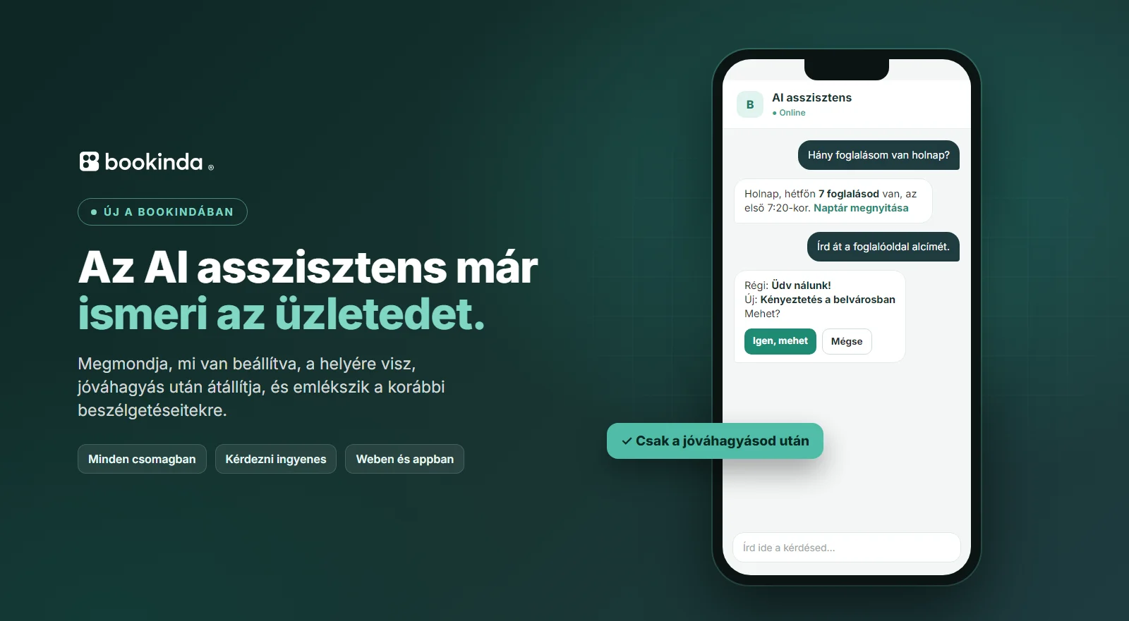 A Bookinda AI asszisztense ingyenes – kérdezz tőle, vagy bízd rá a beállításokat vagy a foglalások kezelését!